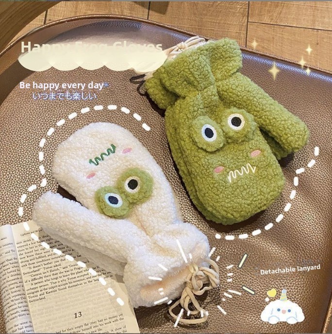 Wool Glove Lined - 한국 스타일 귀여운 녹색 만화 개구리